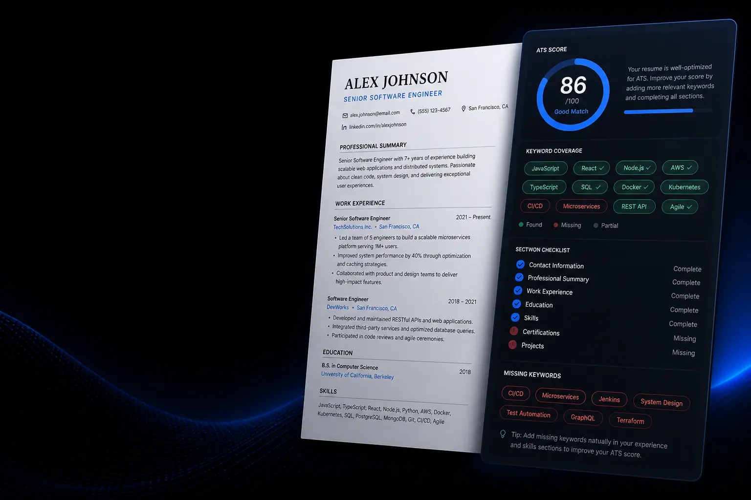ATS resume checker showing score, keywords, and structure signals