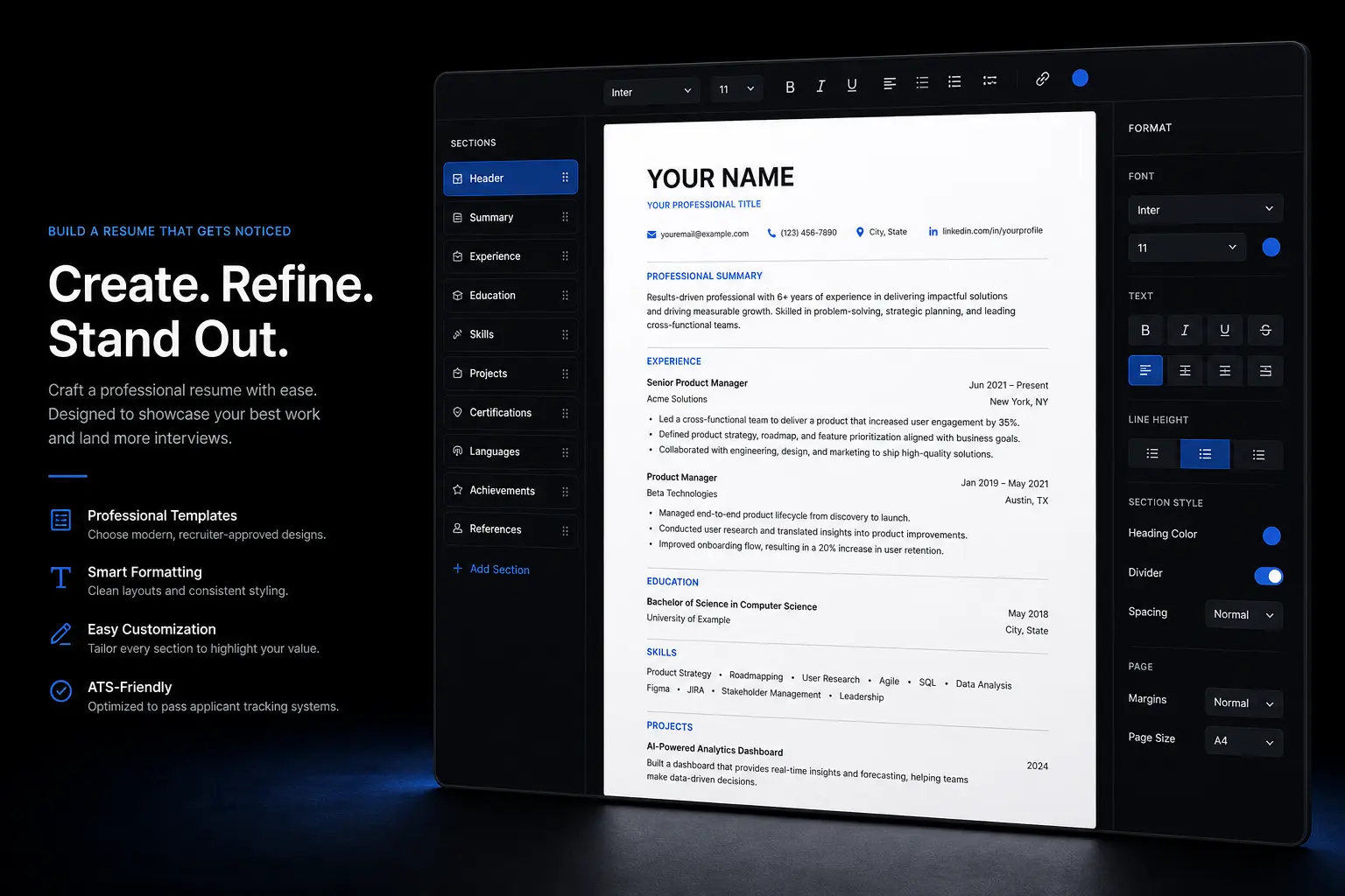 VisiResume editor with resume sections, formatting controls, and live document preview