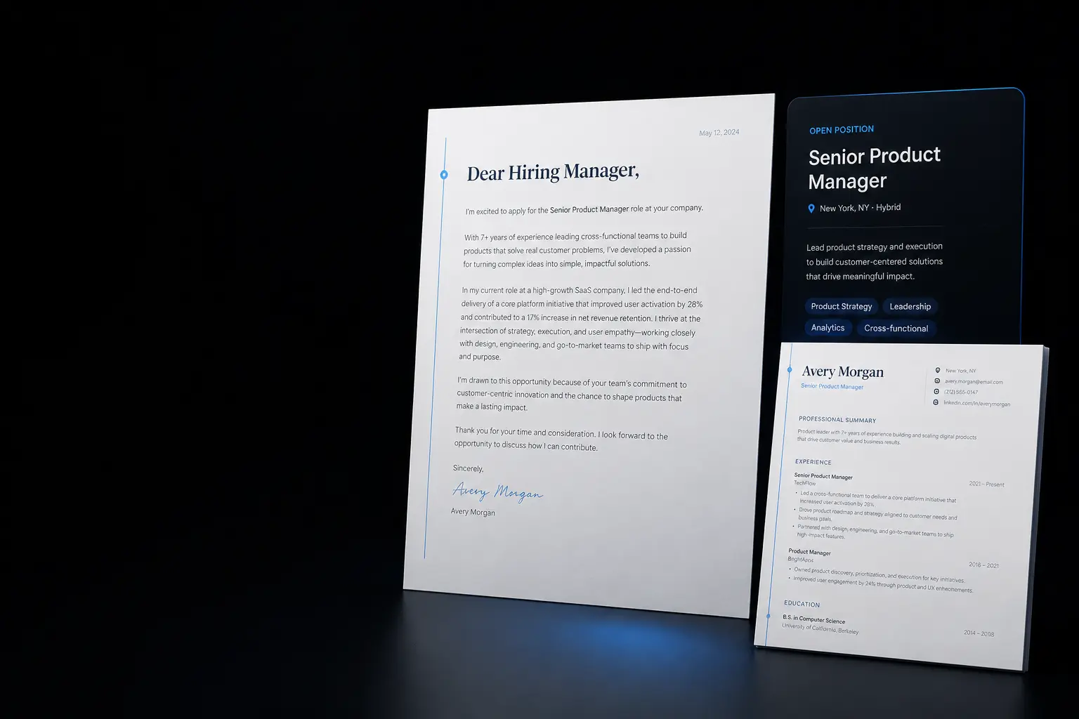 Cover letter draft beside a matching resume and job focus card