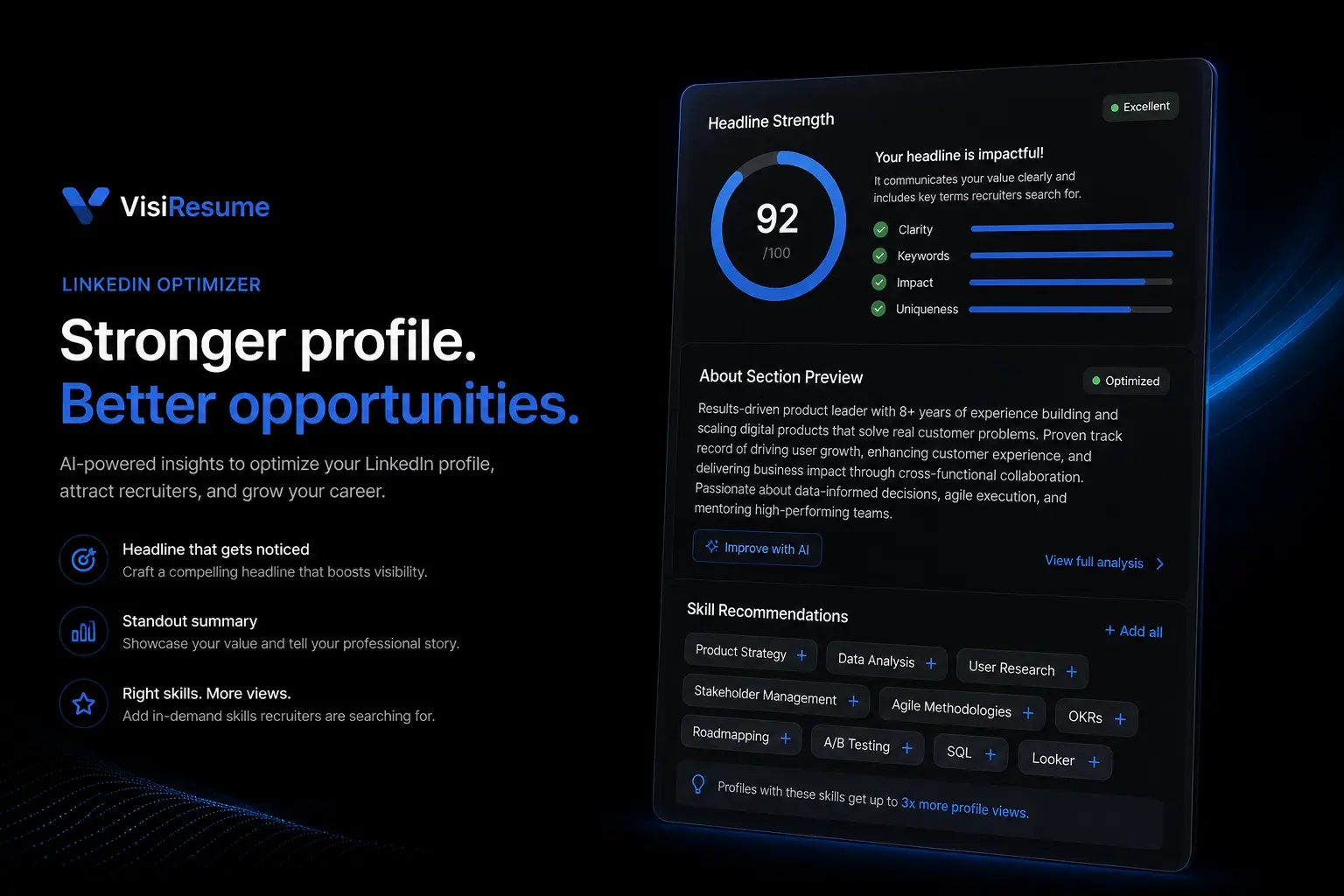 Professional profile summary with headline strength and skill recommendations